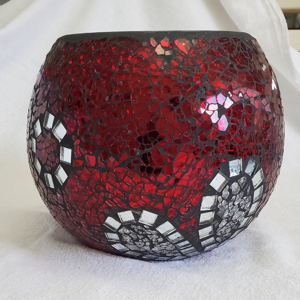 Mosiac Candle Holder Bowl, Mirror & Red Crackle Glass, 6" tall - Picture 2 of 4